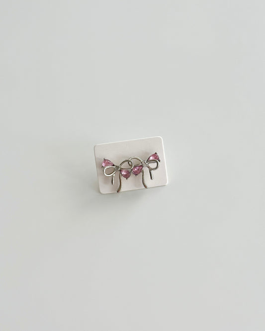 Silver bow pink earring